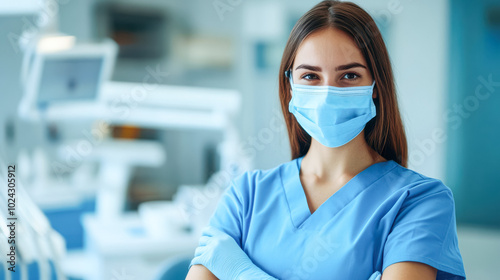 A cheerful dental hygienist in a modern clinic, wearing a blue mask and scrubs, with gloves on