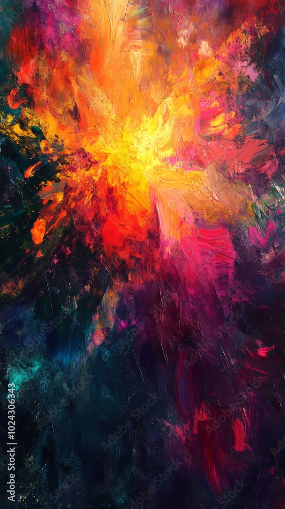 Fototapeta premium A stunning abstract painting featuring a burst of vibrant colors and dynamic brush strokes, creating an energetic and captivating visual experience.