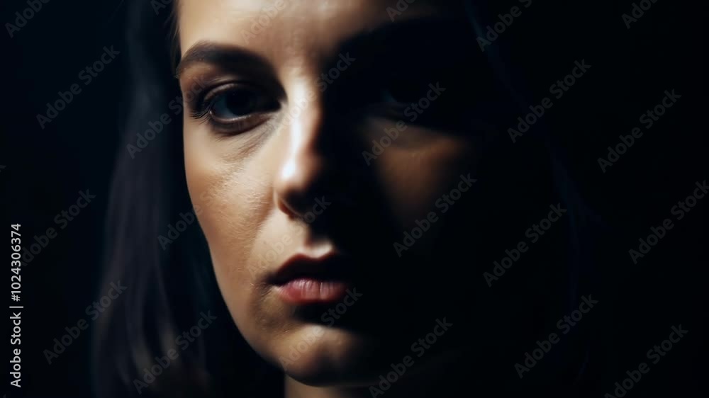Portrait of a thoughtful woman in low light shadow Portrait of a thoughtful woman in low light shadow