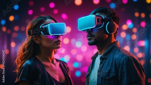 Portrait of two people with neon VR glasses