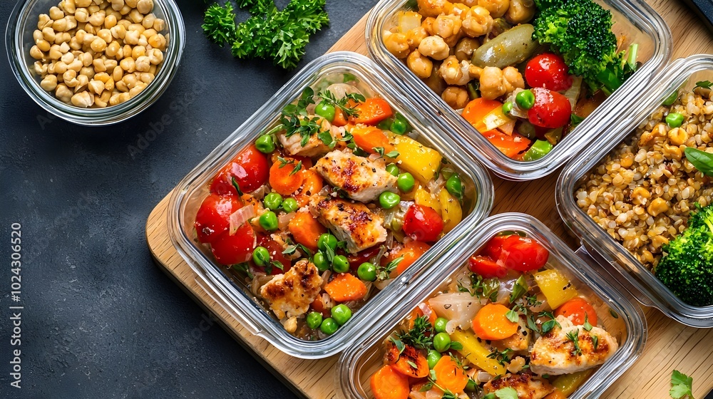 Overhead flat lay of a healthy meal prep arrangement with fresh vegetables fruits grains and protein on a rustic wooden cutting board Concept of clean eating nutrition and balanced lifestyle Overhead flat lay of a healthy meal prep arrangement with fresh vegetables fruits grains and protein on a rustic wooden cutting board Concept of clean eating nutrition and balanced lifestyle
