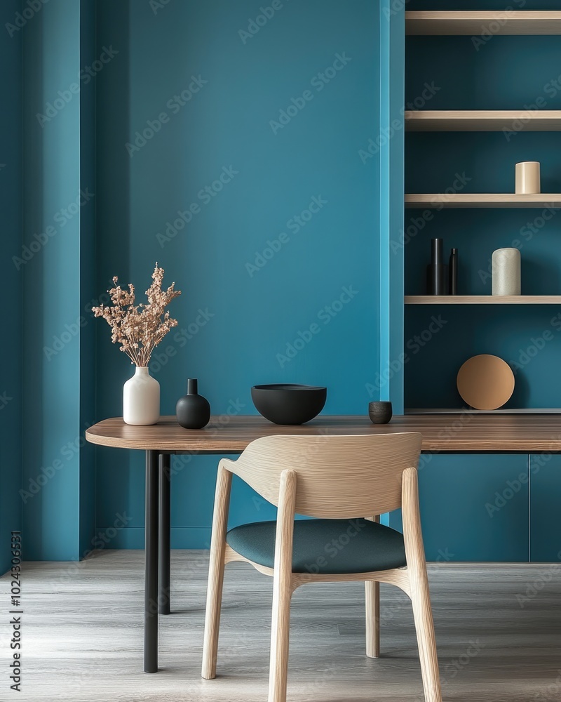 Modern Dining Room Interior with Blue Wall, Bright Natural Light, and Stylish Furniture Modern Dining Room Interior with Blue Wall, Bright Natural Light, and Stylish Furniture