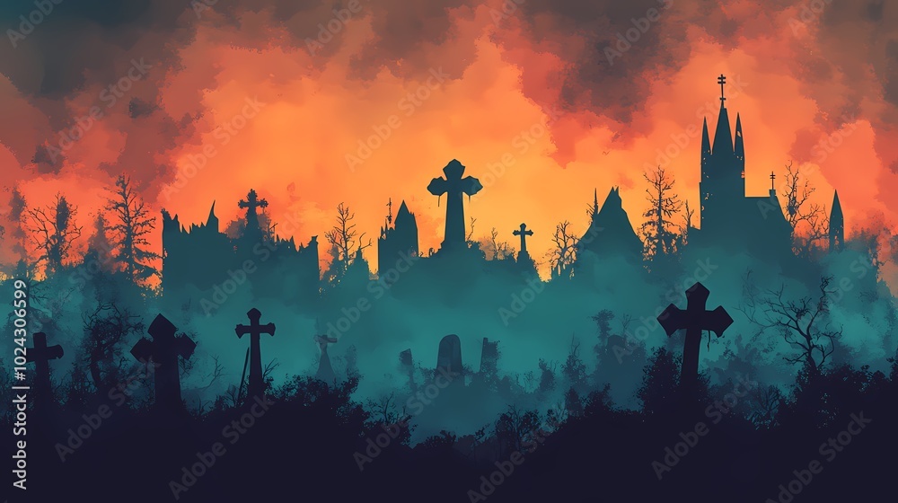 Fototapeta premium Dark silhouette of an eerie cemetery against a fiery sunset backdrop. Generative AI