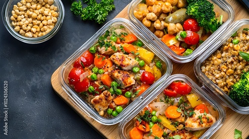 Overhead flat lay of a healthy meal prep arrangement with fresh vegetables fruits grains and protein on a rustic wooden cutting board Concept of clean eating nutrition and balanced lifestyle