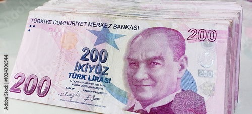 Background of Turkish lira. Turkish money. 50, 100 and 200 tl notes. Banner for website, desktop wallpaper, copy space for text and advertising, blank, empty, white, clear space