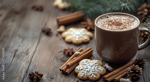 Cozy Christmas treat with cinnamon sticks, cookies, and hot cocoa, copy space. Generative AI.