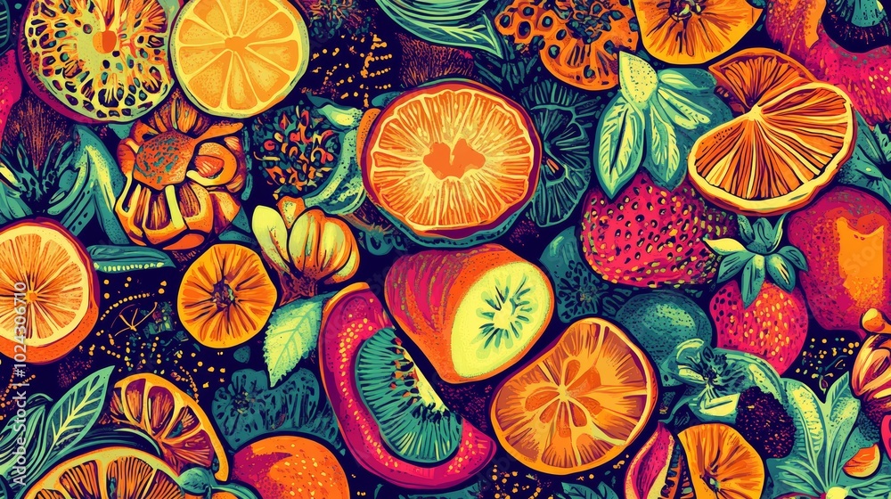 Juicy summer vibes, a colorful pattern of fresh fruits and lush green leaves vibrant Juicy summer vibes, a colorful pattern of fresh fruits and lush green leaves vibrant