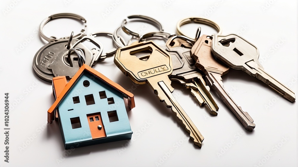 A set of house keys attached to a house-shaped keychain, neatly cut out and isolated on a white background. A set of house keys attached to a house-shaped keychain, neatly cut out and isolated on a white background.