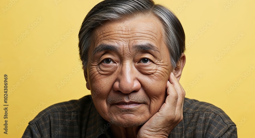 Elderly Asian man with broad nose thoughtful light yellow background Elderly Asian man with broad nose thoughtful light yellow background
