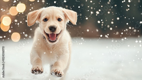 Puppy running through a snow-covered yard, Christmas lights twinkling in the background, 3D illustration