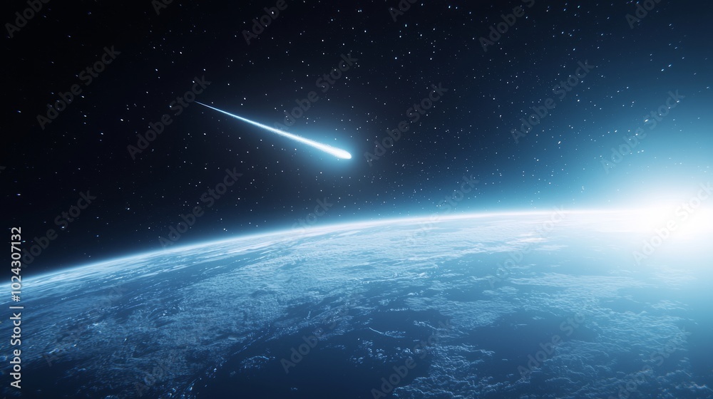 Obraz premium Celestial Encounter - Stunning 3D Render of Comet and Planet in Space with Cinematic Lightning