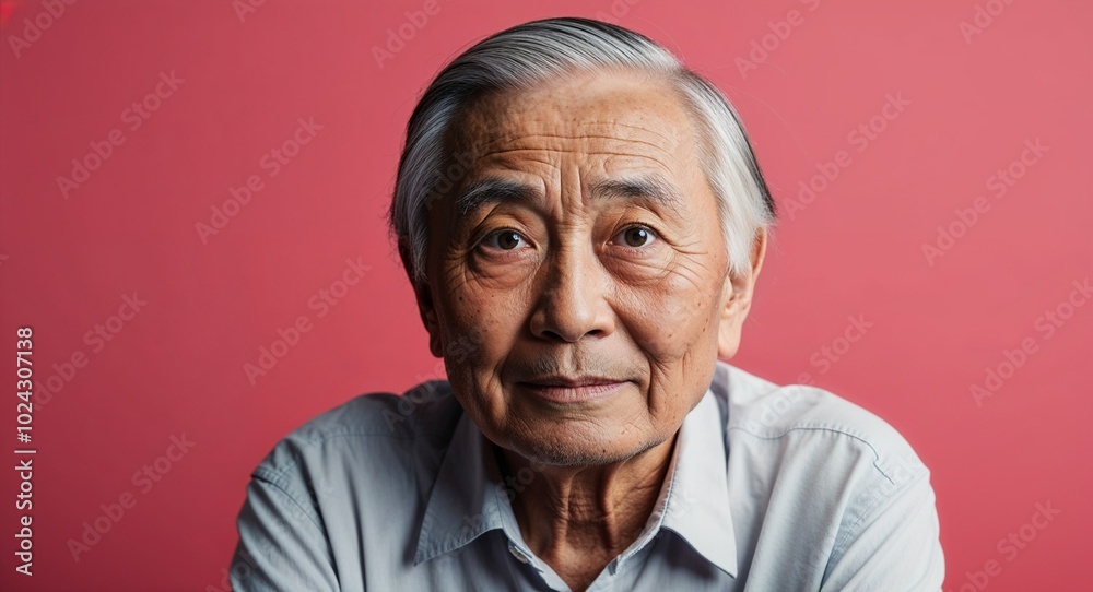 Elderly Asian man with small eyes thoughtful pale pink background Elderly Asian man with small eyes thoughtful pale pink background