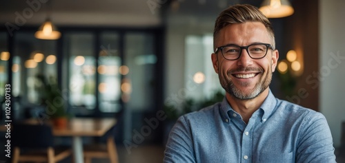 Portrait, smile and business man with arms crossed for coworking, pride or opportunity. Face, confidence or manager, entrepreneur or creative editor with glasses in startup for leadership experience