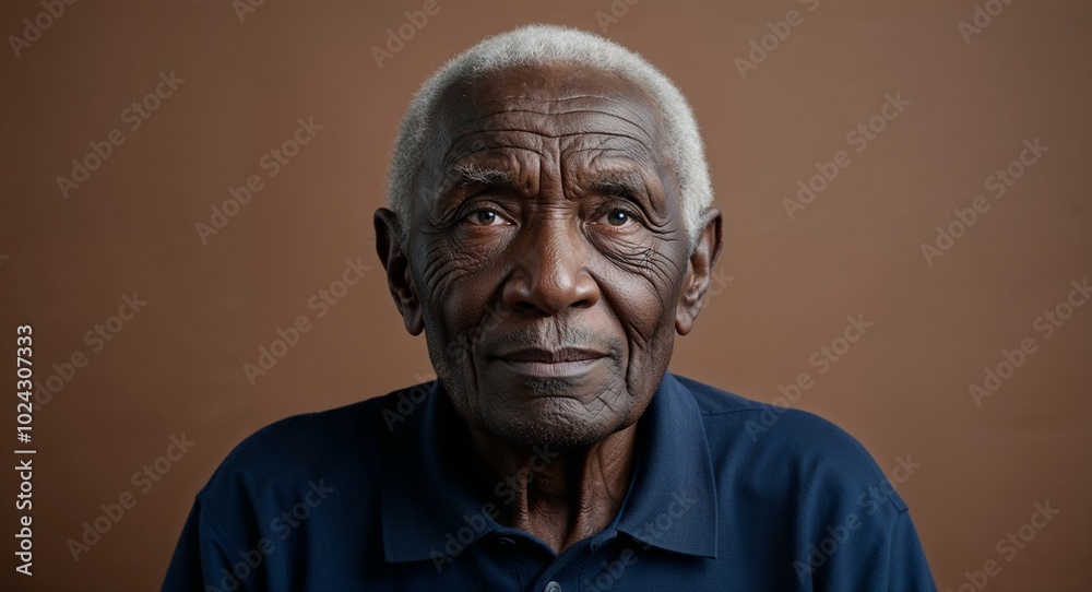 Elderly Black man with deep wrinkles neutral face soft brown background Elderly Black man with deep wrinkles neutral face soft brown background