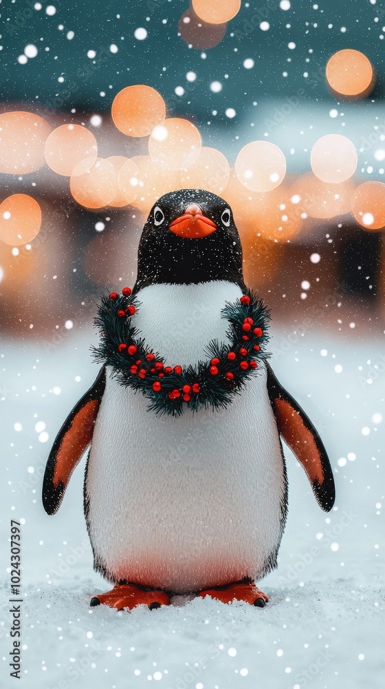 Fototapeta premium Penguin with a Christmas wreath around its neck, standing in a snow-covered village, 3D illustration