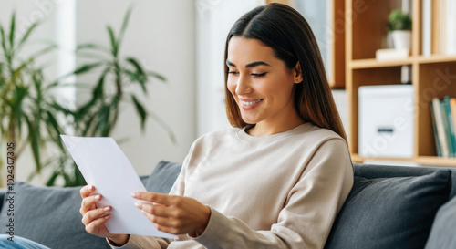 Young smiling woman reading received letter, sitting on sofa at home.