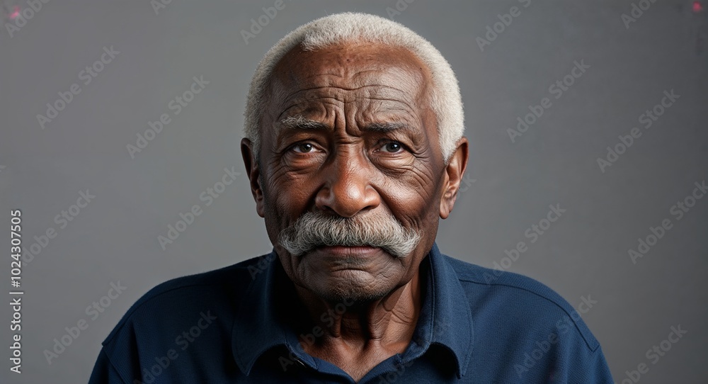 Fototapeta premium Elderly Black man with thin mustache frowning soft gray background