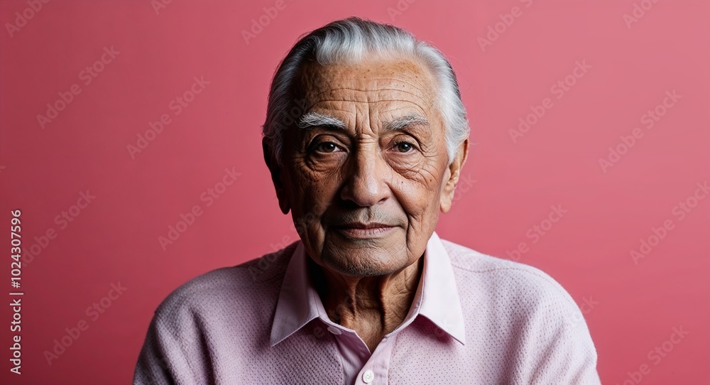 Obraz premium Elderly Latino man with deep set chin neutral face warm pink background