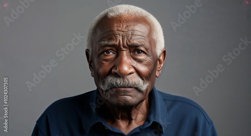 Elderly Black man with thin mustache frowning soft gray background