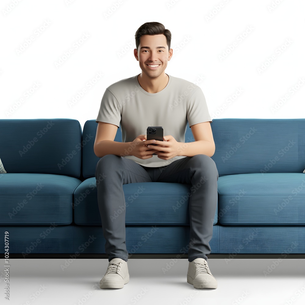 A man sitting on a modern teal-colored sofa, wearing a white t-shirt and dark jeans, smiling while holding a smartphone in his hand. The background is minimal and white, focusing on the relaxed settin A man sitting on a modern teal-colored sofa, wearing a white t-shirt and dark jeans, smiling while holding a smartphone in his hand. The background is minimal and white, focusing on the relaxed settin