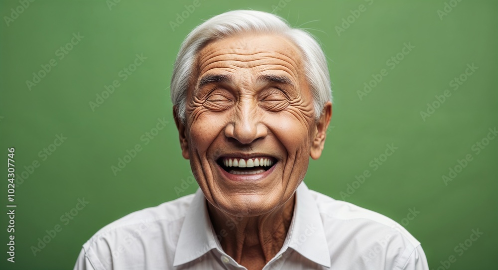 Elderly white man with creased eyes laughing warm green background Elderly white man with creased eyes laughing warm green background