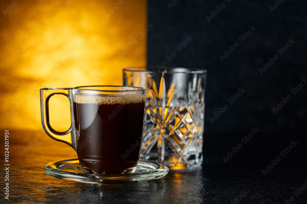 Espresso and glass of cold water on a black background. Espresso and glass of cold water on a black background.