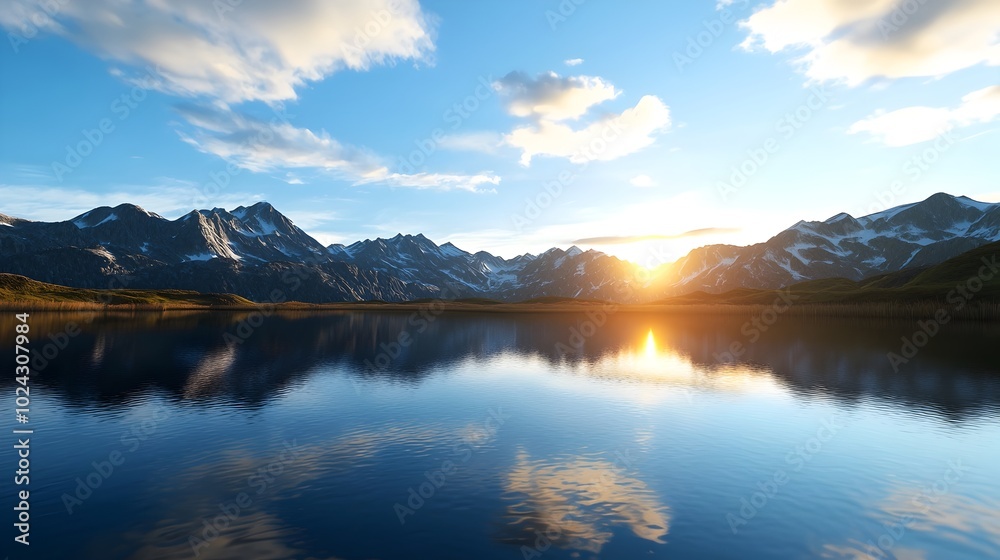 Breathtaking sunset over a tranquil mountain lake with serene reflections of the sky and landscape in the still waters A peaceful idyllic scene of natural beauty and environmental harmony Breathtaking sunset over a tranquil mountain lake with serene reflections of the sky and landscape in the still waters A peaceful idyllic scene of natural beauty and environmental harmony