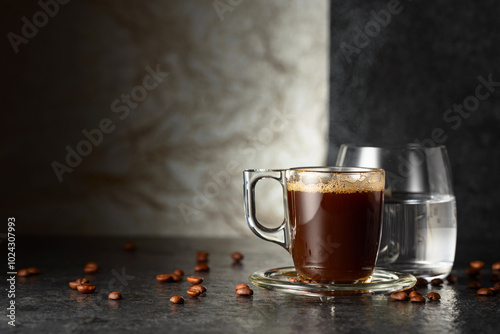 Espresso and glass of cold water on a black stone table.