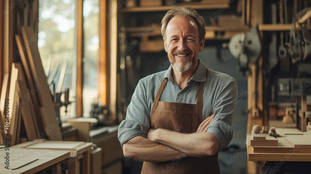 A confident woodworker in a cozy, well-lit workshop, wearing a brown apron and smiling A confident woodworker in a cozy, well-lit workshop, wearing a brown apron and smiling