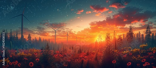 Wind Turbines Sunset Field