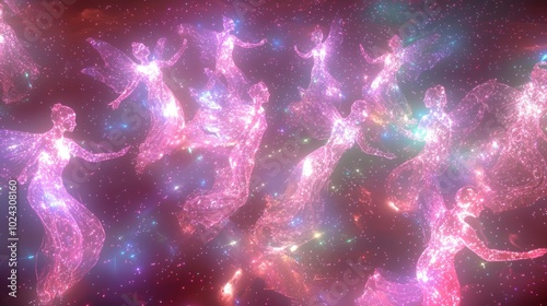 Ethereal Celestial Fairies Dancing Among Colorful Cosmic Dust - 3D Render with Cinematic Lightning