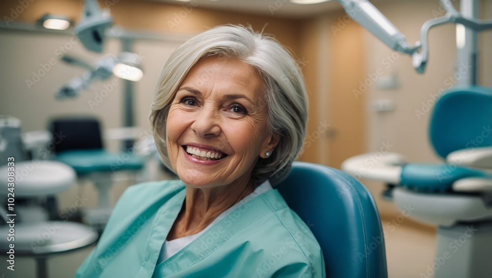 Senior woman sitting in a dental chair, smiling after a dental checkup, with a dentist in the background Senior woman sitting in a dental chair, smiling after a dental checkup, with a dentist in the background