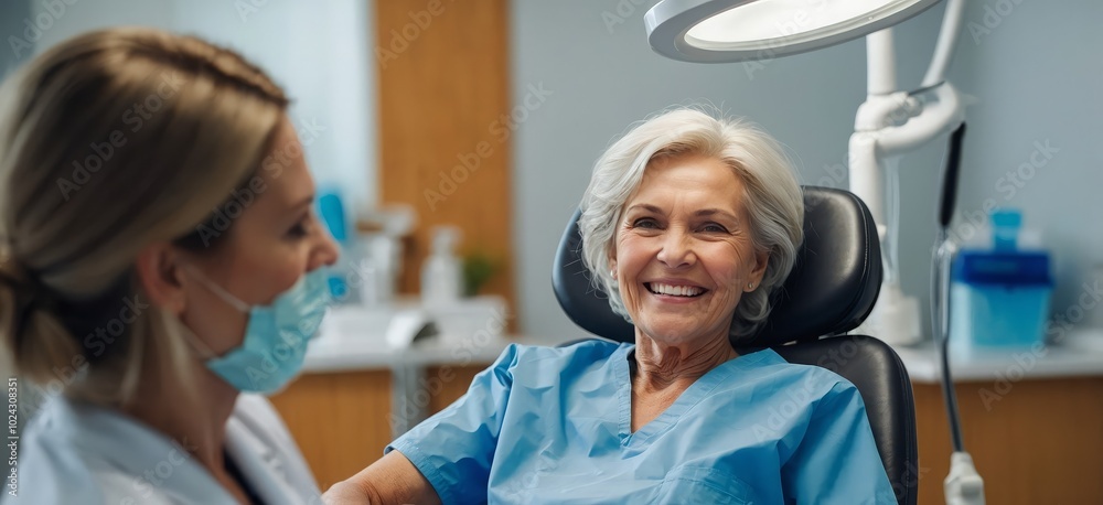 Fototapeta premium Senior woman sitting in a dental chair, smiling after a dental checkup, with a dentist in the background