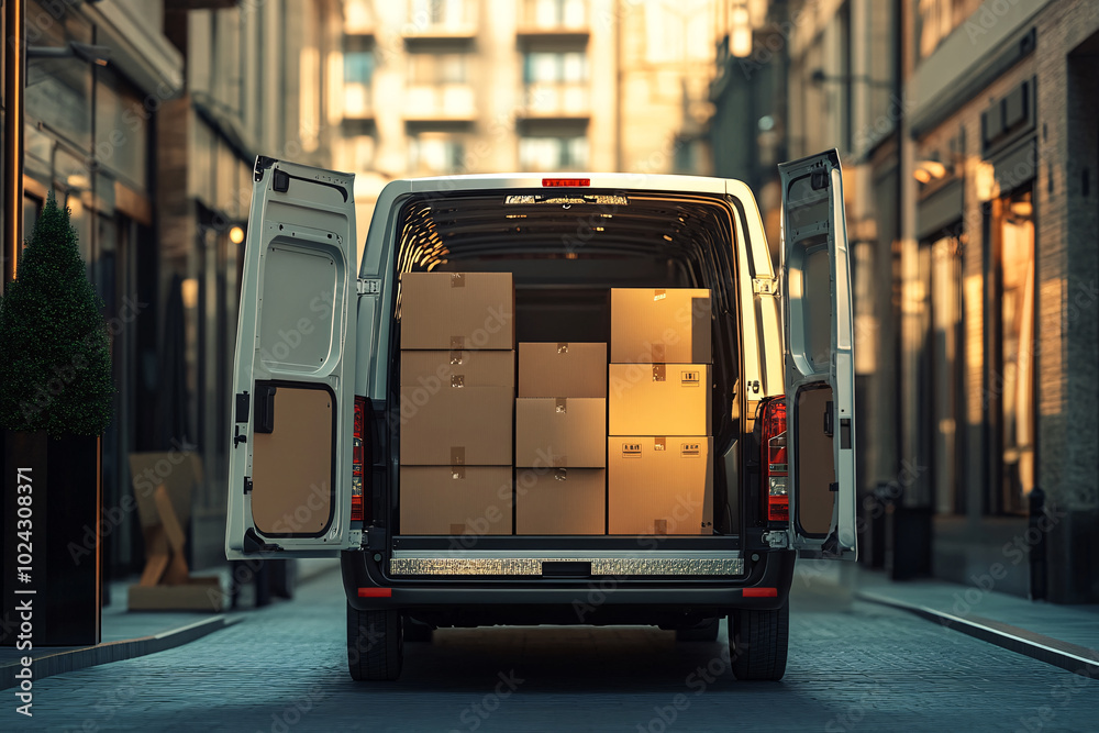 white delivery van with open doors with cardboard boxes on the street white delivery van with open doors with cardboard boxes on the street