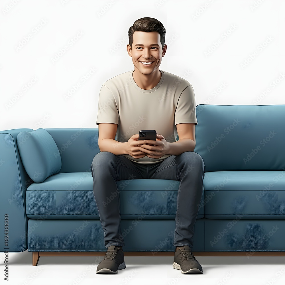 A man sitting on a modern teal-colored sofa, wearing a white t-shirt and dark jeans, smiling while holding a smartphone in his hand. The background is minimal and white, focusing on the relaxed settin A man sitting on a modern teal-colored sofa, wearing a white t-shirt and dark jeans, smiling while holding a smartphone in his hand. The background is minimal and white, focusing on the relaxed settin