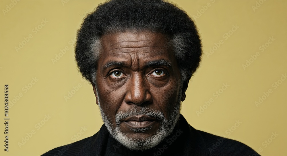 Obraz premium Middle aged Black man with deep eyes serious soft yellow background