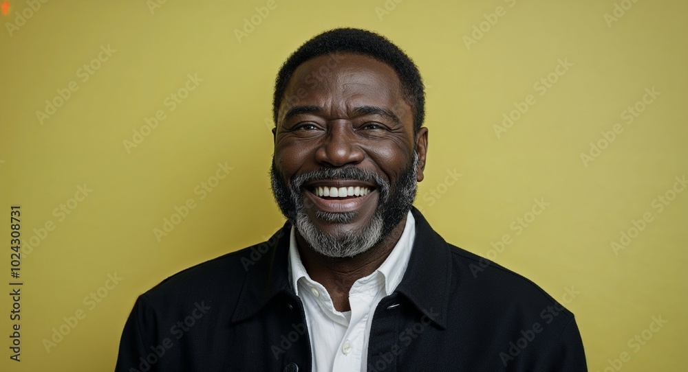 Middle aged Black man with short beard smiling bright yellow background Middle aged Black man with short beard smiling bright yellow background