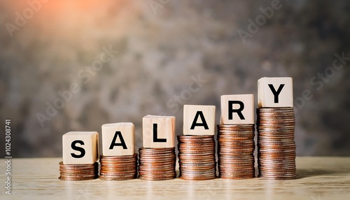 An ever-increasing pile of coins, with the letters S A L A R Y arranged on separate blocks placed on top of each pile of coins.