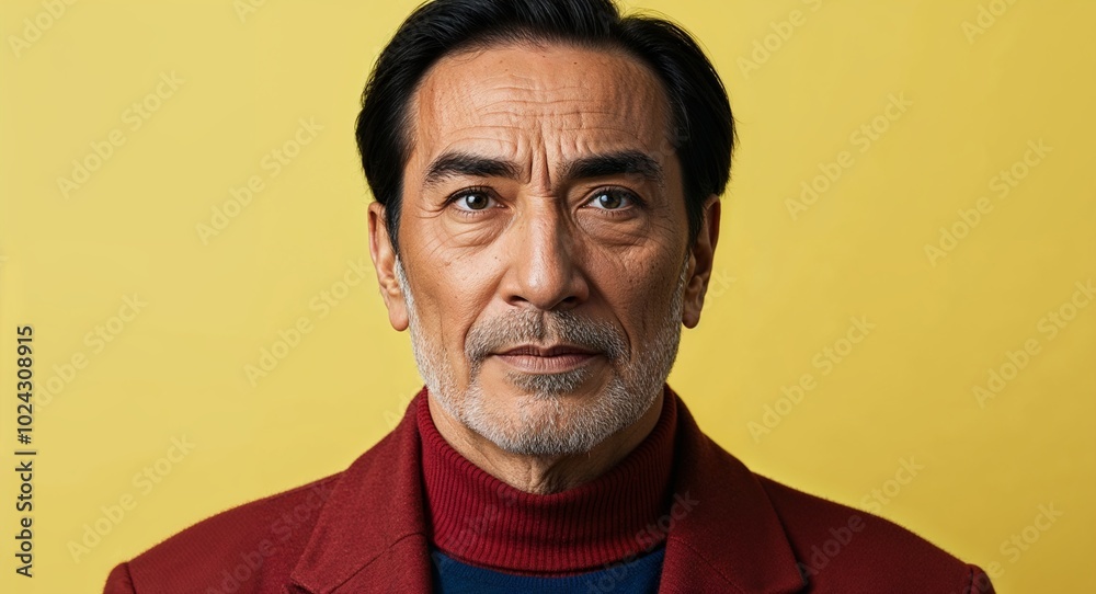 Middle aged Latino man with high brow neutral face soft yellow background Middle aged Latino man with high brow neutral face soft yellow background