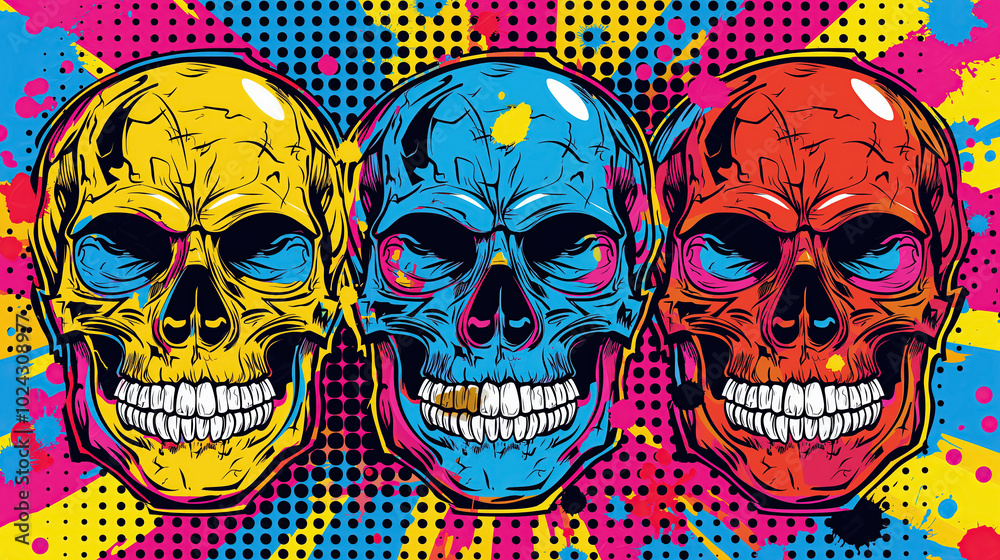 Three colorful skulls in a vibrant, pop art style, each painted in bold yellow, blue, and red hues with a lively, punk-inspired background. Three colorful skulls in a vibrant, pop art style, each painted in bold yellow, blue, and red hues with a lively, punk-inspired background.