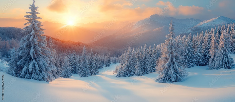 A snowy mountain scene with a glowing sunset and a forest of fir trees covered in frost. A snowy mountain scene with a glowing sunset and a forest of fir trees covered in frost.