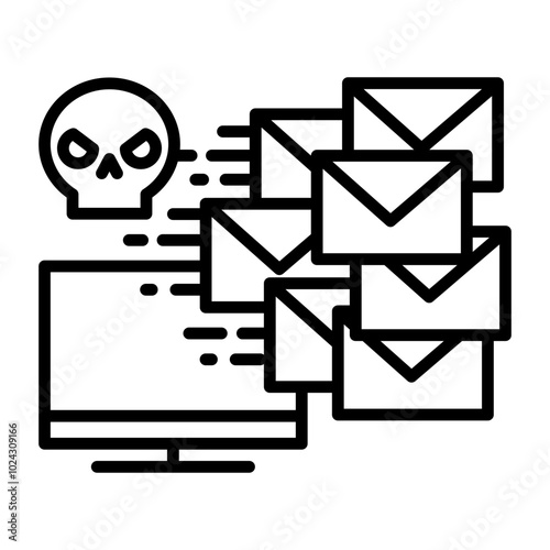 Icon that represents the risk of being made complicit in cybercrime from your own computer. Mass mailings are being sent.