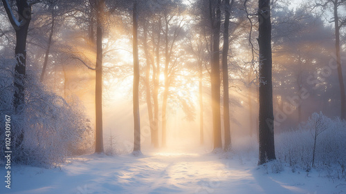 Winter Solstice light breaks through snowy forest at dawn, illuminating serene winter landscape