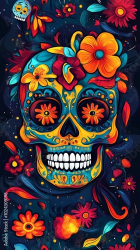 Abstract background with vivid colors and Dia de Muertos elements.