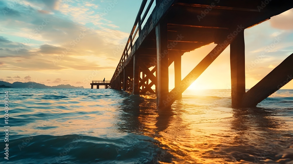 Breathtaking coastal scene with a pier extending into the serene ocean during a vibrant sunset The double exposure silhouette of a fisherman adds a tranquil Breathtaking coastal scene with a pier extending into the serene ocean during a vibrant sunset The double exposure silhouette of a fisherman adds a tranquil