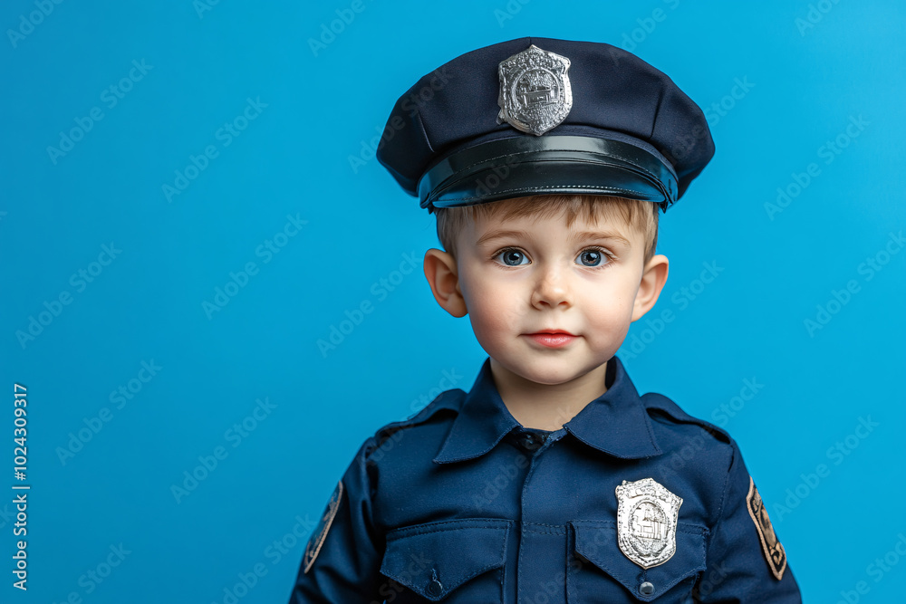 little boy in police clothes on blue background little boy in police clothes on blue background