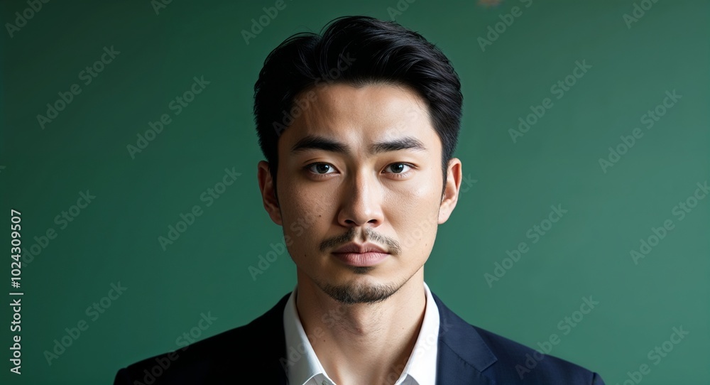 Young Asian man with soft cheekbones serious deep green background Young Asian man with soft cheekbones serious deep green background