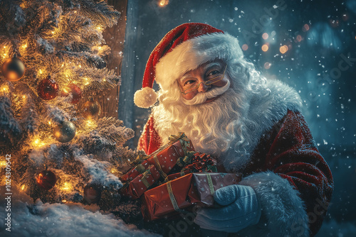 A joyful Santa Claus in festive setting, surrounded by beautifully decorated Christmas tree and sparkling lights, holds colorful presents, evoking spirit of holiday season