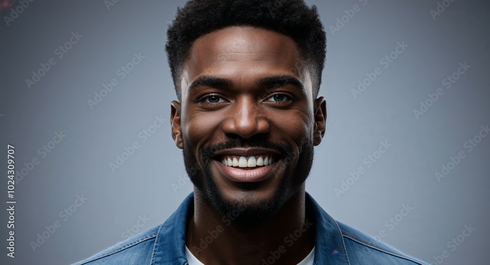 Obraz premium Young Black man with sharp jawline smiling blue gradient background