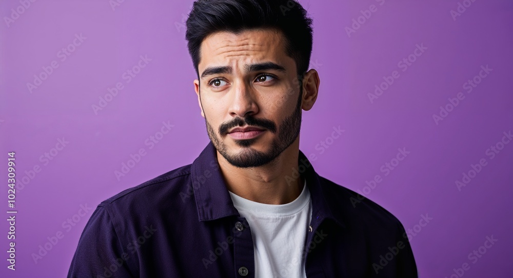 Young Latino man with pronounced jaw thoughtful warm purple background Young Latino man with pronounced jaw thoughtful warm purple background